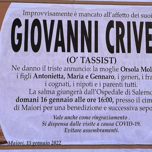 Lutto a Maiori per la morte di Giovanni Crivelli