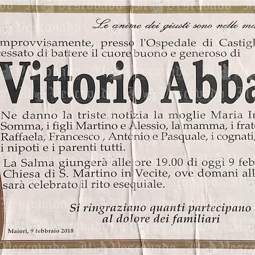 Lutto a Maiori per morte prematura di Vittorio Abbate, domani i funerali