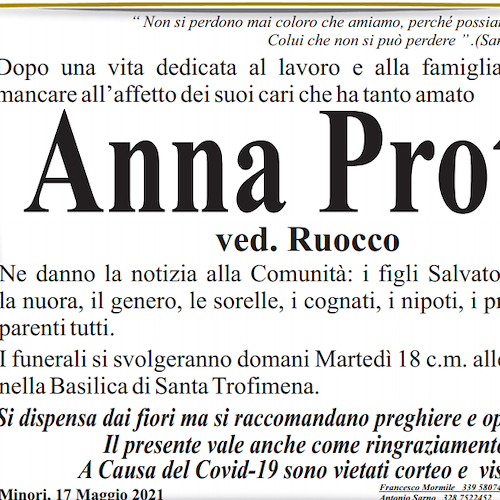 Lutto a Minori: si è spenta Anna Proto, vedova Ruocco