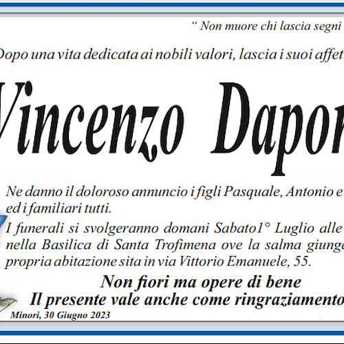 Lutto a Minori, si è spento Vincenzo Daponte 