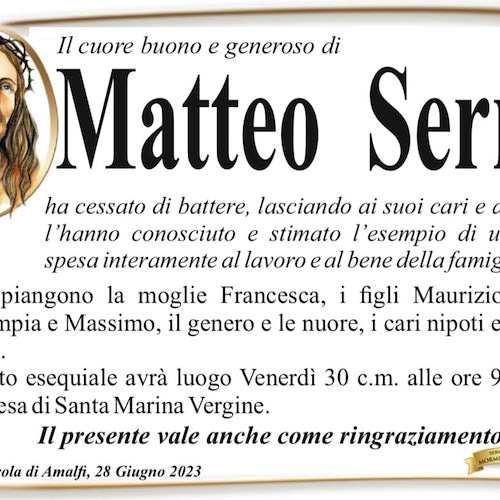 Lutto a Pogerola di Amalfi: ha cessato di battere il cuore buono e generoso di Matteo Serra