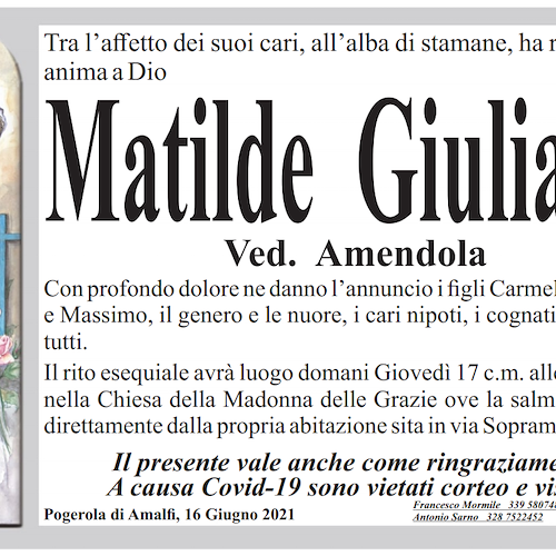 Lutto a Pogerola di Amalfi: si è spenta Matilde Giuliano, vedova Amendola 