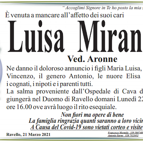 Lutto a Ravello: addio a Luisa Miranda, vedova Aronne
