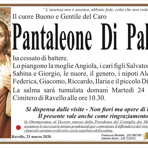 Lutto a Ravello: addio a Pantaleone Di Palma, “Gino 'o 'mericano”