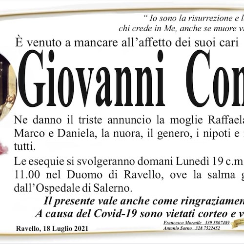 Lutto a Ravello per la scomparsa di Giovanni Conte. Domani i funerali