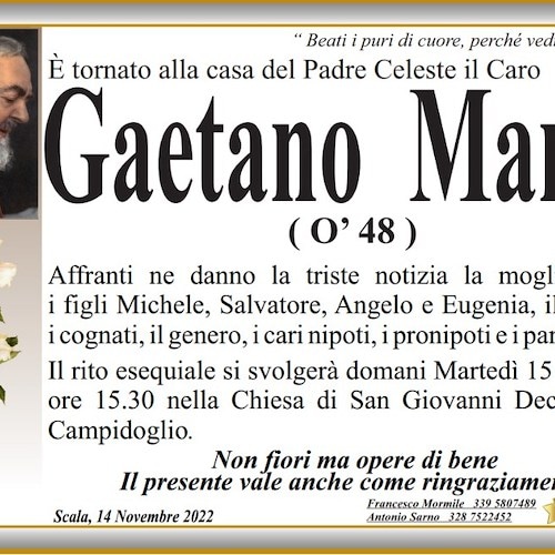 Lutto a Scala per la morte di Gaetano Mansi, per tutti "O' 48"