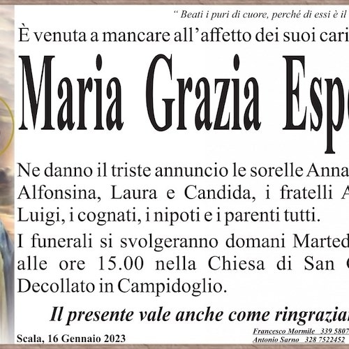 Lutto a Scala per la scomparsa della signora Maria Grazia Esposito