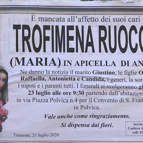 Lutto a Tramonti, si è spenta Trofimena Ruocco: domani i funerali 