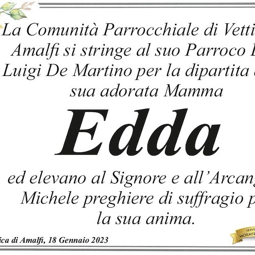 Lutto a Vettica di Amalfi per la scomparsa della signora Edda Giunti, mamma di Don Luigi 