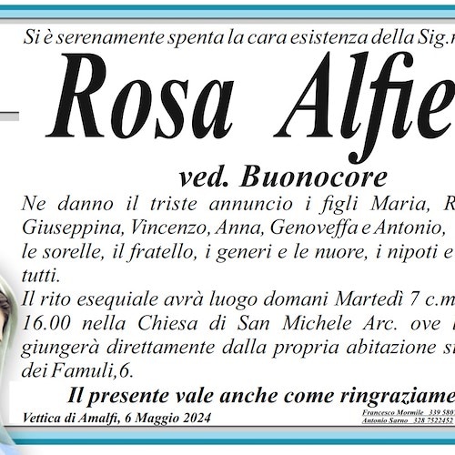 Lutto a Vettica di Amalfi: si è spenta la signora Rosa Alfieri