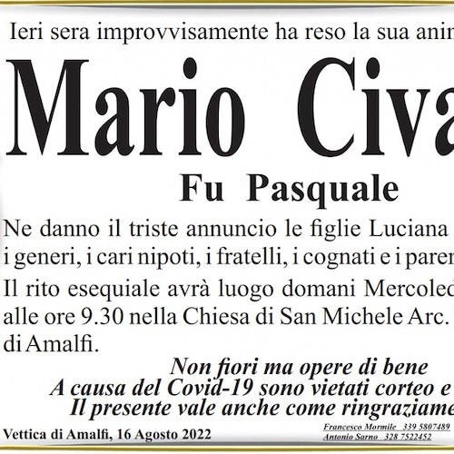 Lutto a Vettica di Amalfi: si spegne a Ferragosto Mario Civale