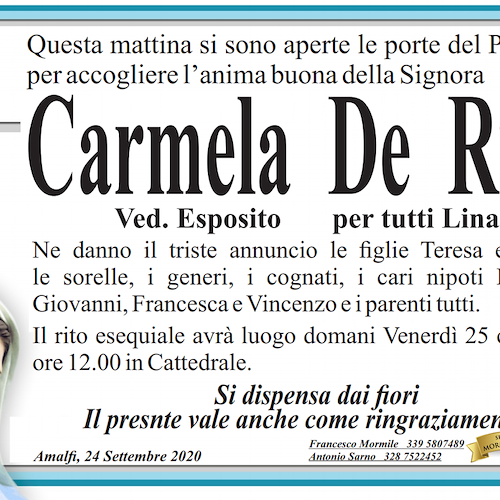 Lutto ad Amalfi, addio a Carmela "Lina" De Riso: domani i funerali 