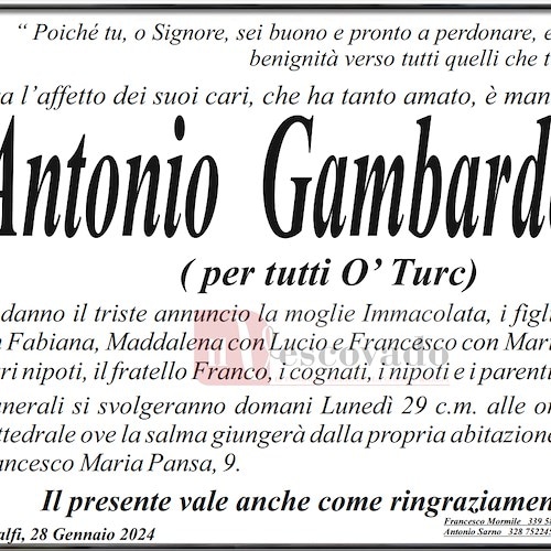 Lutto ad Amalfi per la morte di Antonio Gambardella, per tutti 'O Turc