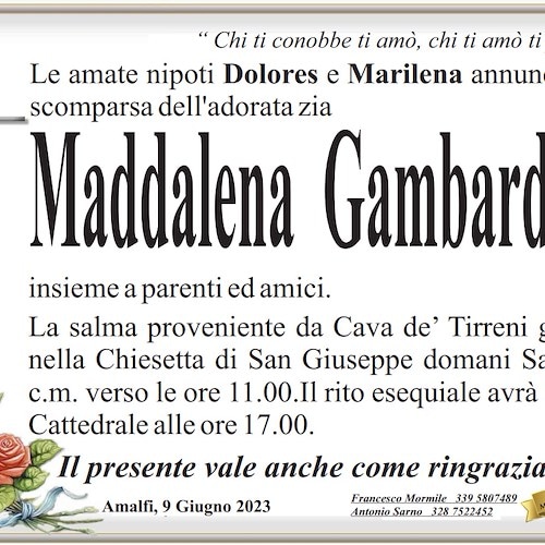 Lutto ad Amalfi per la scomparsa di Maria Maddalena Gambardella