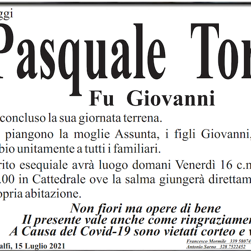 Lutto ad Amalfi: si è spento Pasquale Torre