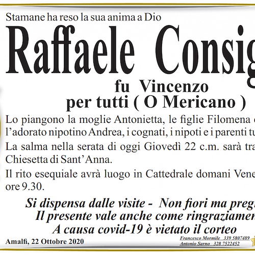 Lutto ad Amalfi: si è spento Raffaele Consiglio, "O Mericano"