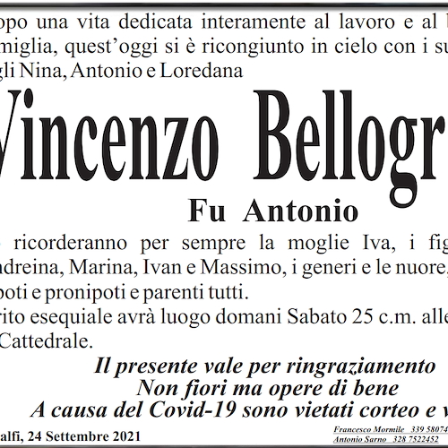Lutto ad Amalfi, si è spento Vincenzo Bellogrado