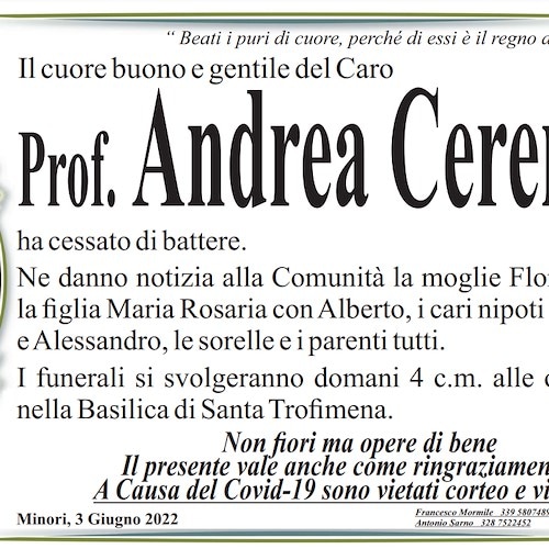 Lutto in Costa d'Amalfi per la morte del Professor Andrea Cerenza