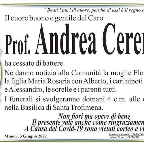 Lutto in Costa d'Amalfi per la morte del Professor Andrea Cerenza