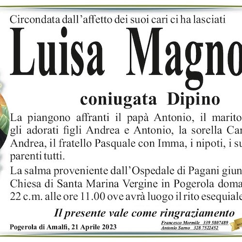 Lutto tra Amalfi e Atrani per la morte prematura di Luisa Magnolia