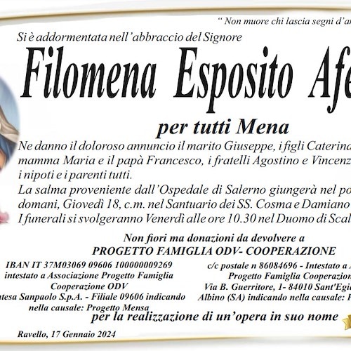 Lutto tra Ravello e Scala per la prematura scomparsa di Filomena Esposito Afeltra