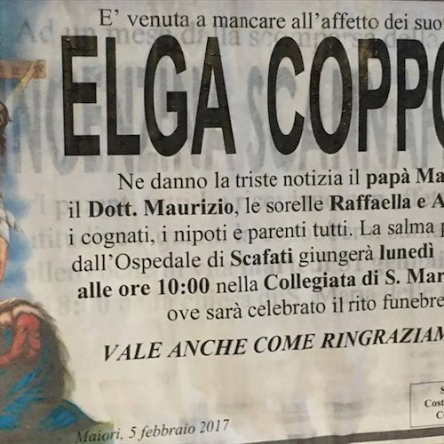 Maiori: addio a Elga Coppola, domani i finerali