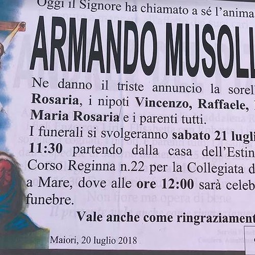 Maiori, addio ad Armando Musollino. Oggi i funerali