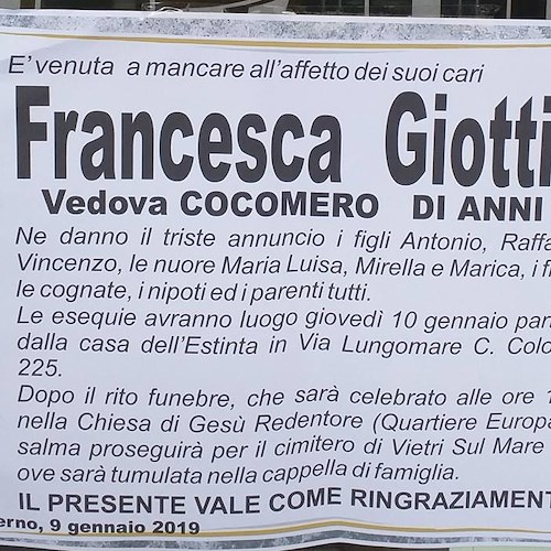 Maiori: addio alla signora Francesca Giottini, vedova di don Giovanni Cocomero, fondatore Hotel Pietra di Luna