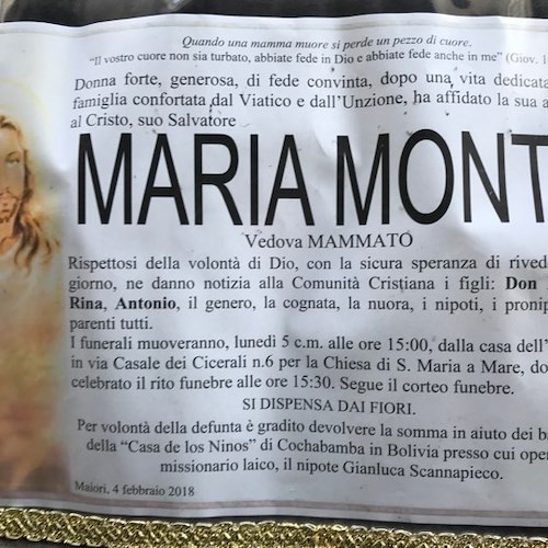 Maiori: addio alla signora Maria Monti, madre di Don Nicola Mammato. «Donna che ha saputo soffrire in silenzio»