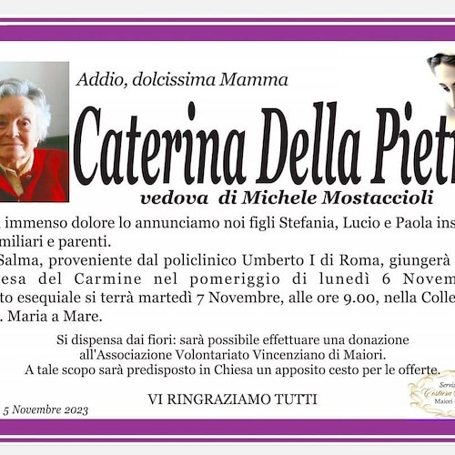 Maiori dice addio a Caterina Della Pietra, vedova di Michele Mostaccioli