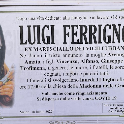 Maiori dice addio a Luigi Ferrigno, ex maresciallo dei vigili urbani