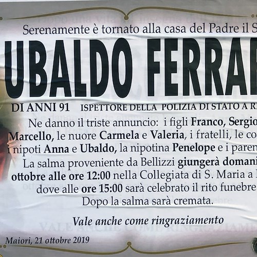 Maiori dice addio ad Ubaldo Ferrara 'o Maresciall'. Oggi i funerali