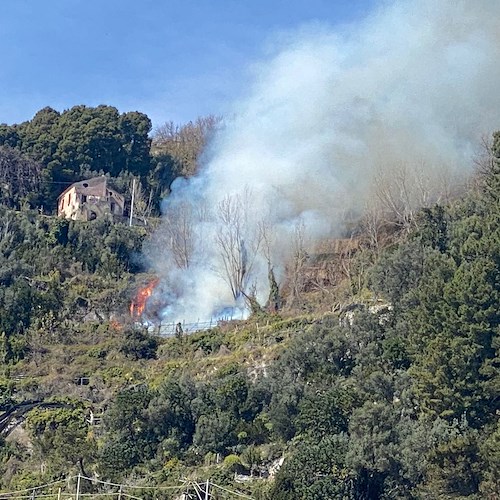 Maiori: incendio lungo il Sentiero dei Limoni, da un terreno privato il rogo scollina oltre la cima /VIDEO