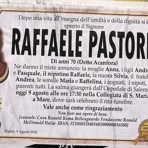Maiori, oggi pomeriggio i funerali di Raffaele Pastore. Si attende verità su cause morte