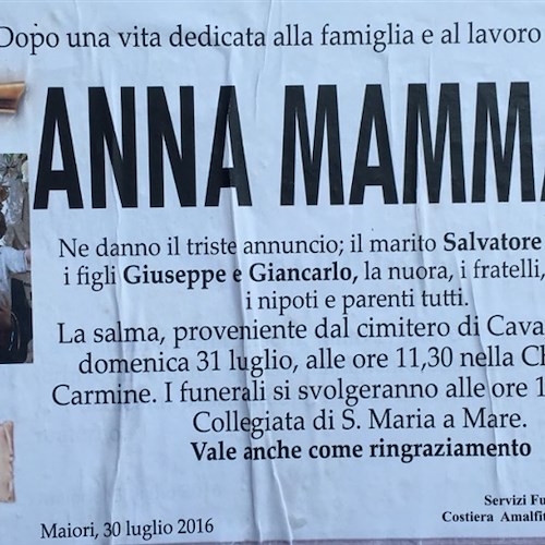 Maiori piange Anna Mammato, i funerali questo pomeriggio alle 17.00