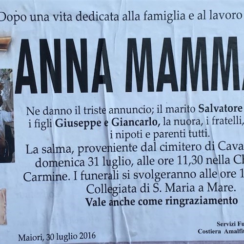 Maiori piange Anna Mammato, i funerali questo pomeriggio alle 17.00