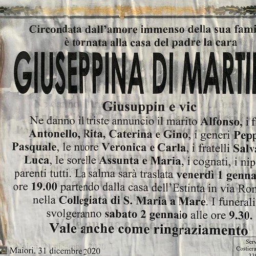 Maiori piange Giuseppina Di Martino. Domani i funerali