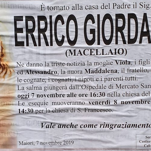 Maiori piange la morte di Errico Giordano. Domani i funerali