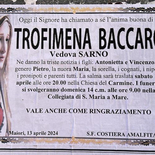 Maiori piange la scomparsa della signora Trofimena Baccaro, vedova Sarno