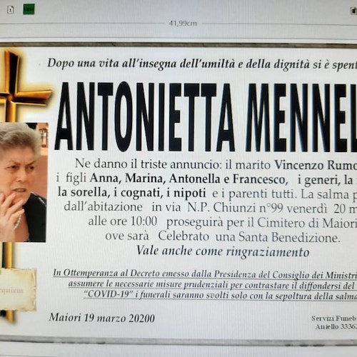 Maiori piange la scomparsa di Antonietta Mennella in Rumolo