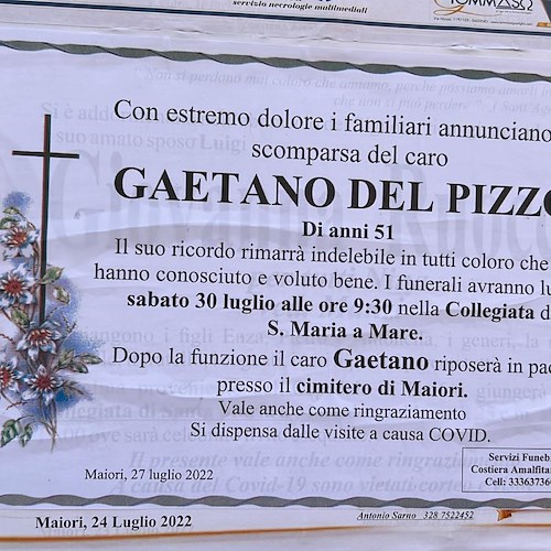 Maiori porge l'ultimo saluto a Gaetano Del Pizzo, 30 luglio i funerali alla Collegiata