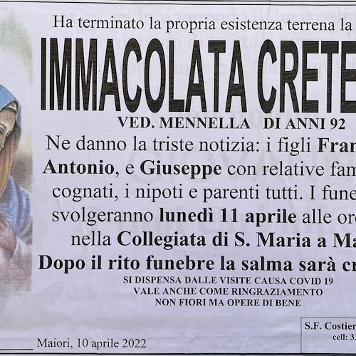 Maiori porge l'ultimo saluto alla signora Immacolata Cretella