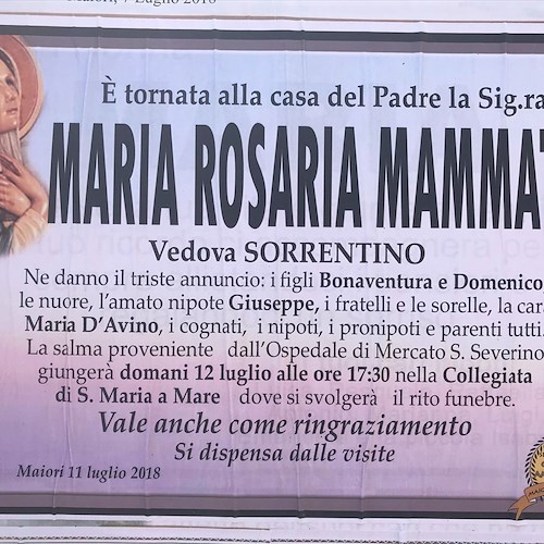 Maiori, si è spenta la signora Maria Rosaria Mammato