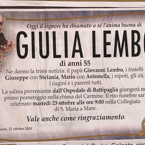 Maiori, un'altra vita spezzata: addio a Giulia Lembo