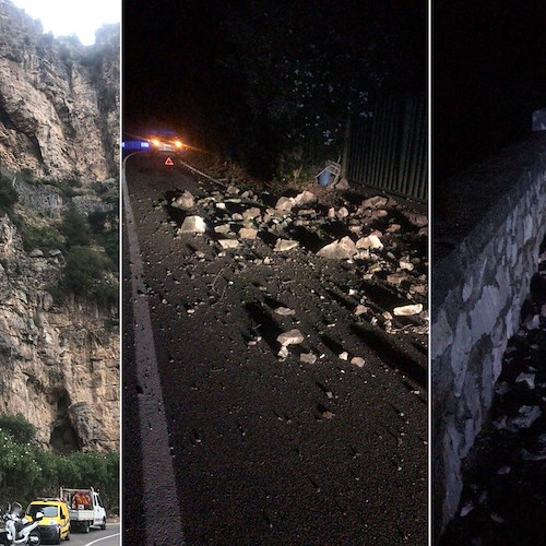 Maltempo: a Tordigliano franano pietre sulla Statale, senso unico alternato per Positano