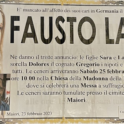 È mancato in Germania il signor Fausto Lai, 25 febbraio i funerali a Maiori