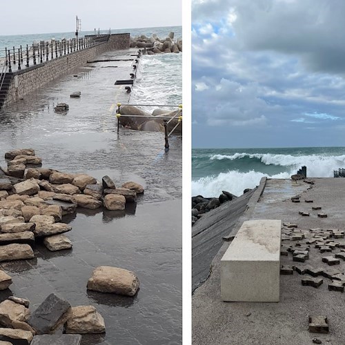 Mareggiata solleva basolato Darsena ad Amalfi, a Maiori onde staccano condotta fognaria