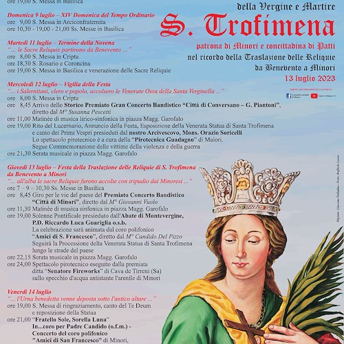 Minori, 13 luglio si festeggia Santa Trofimena nel ricordo della traslazione delle reliquie /PROGRAMMA