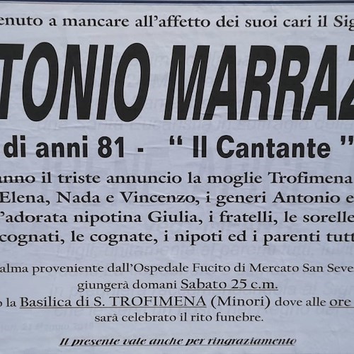 Minori a lutto: addio ad Antonio Marrazzo, "Il Cantante"