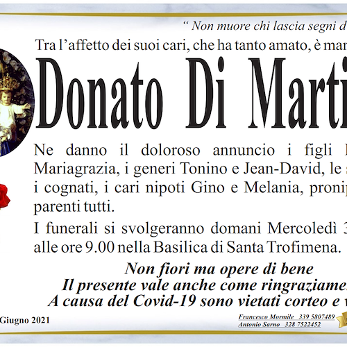 Minori, addio a Donato Di Martino: domani i funerali 
